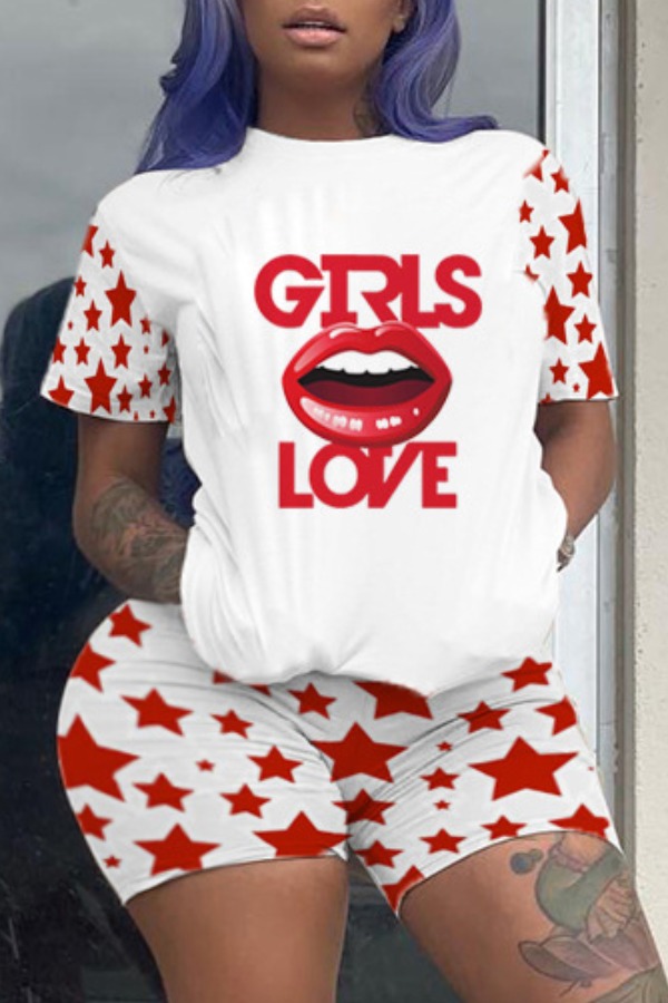

Lovely Casual O Neck Print White Plus Size Two-piece Shorts Set