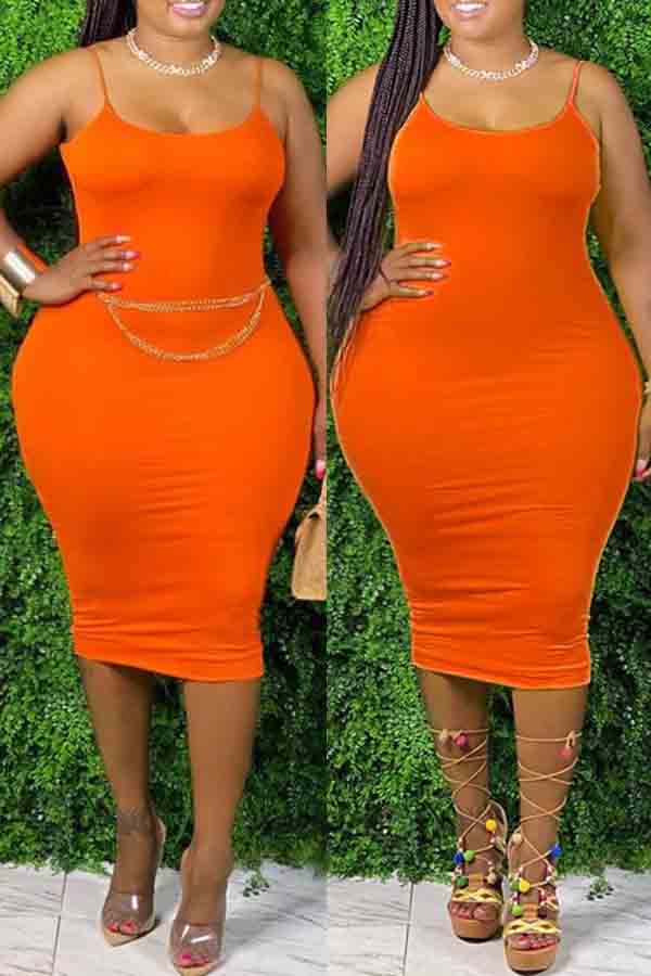 

lovely Sexy Basic Skinny Orange Knee Length Plus Size Dress