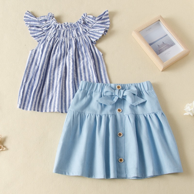 

lovely Sweet Striped Baby Blue Girl Two-piece Skirt Set