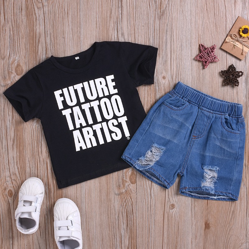 

lovely Casual O Neck Letter Print Black Boy Two-piece Shorts Set