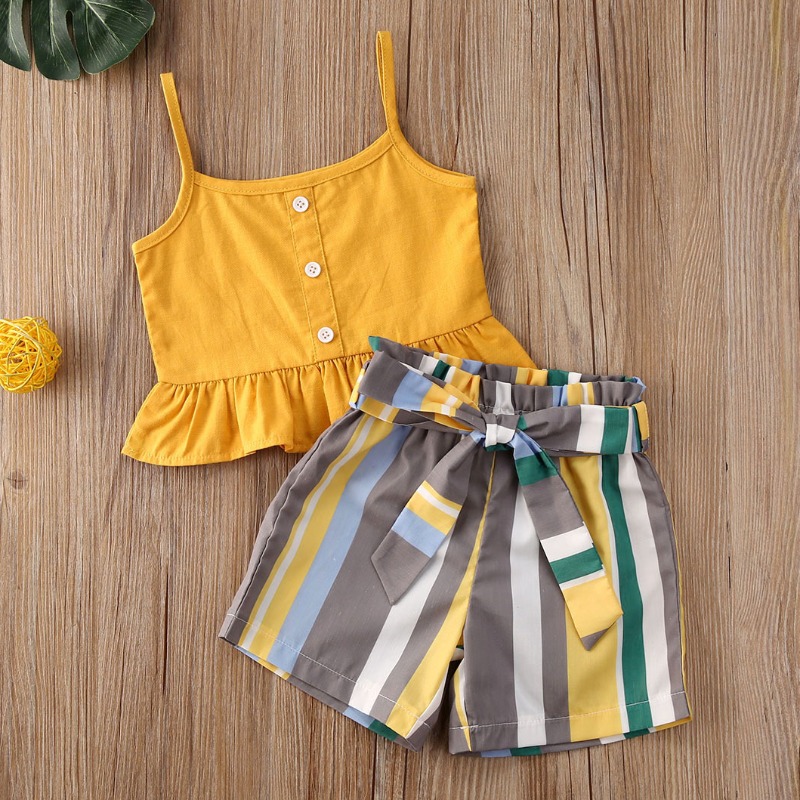 

lovely Stylish Striped Yellow Girl Two-piece Shorts Set