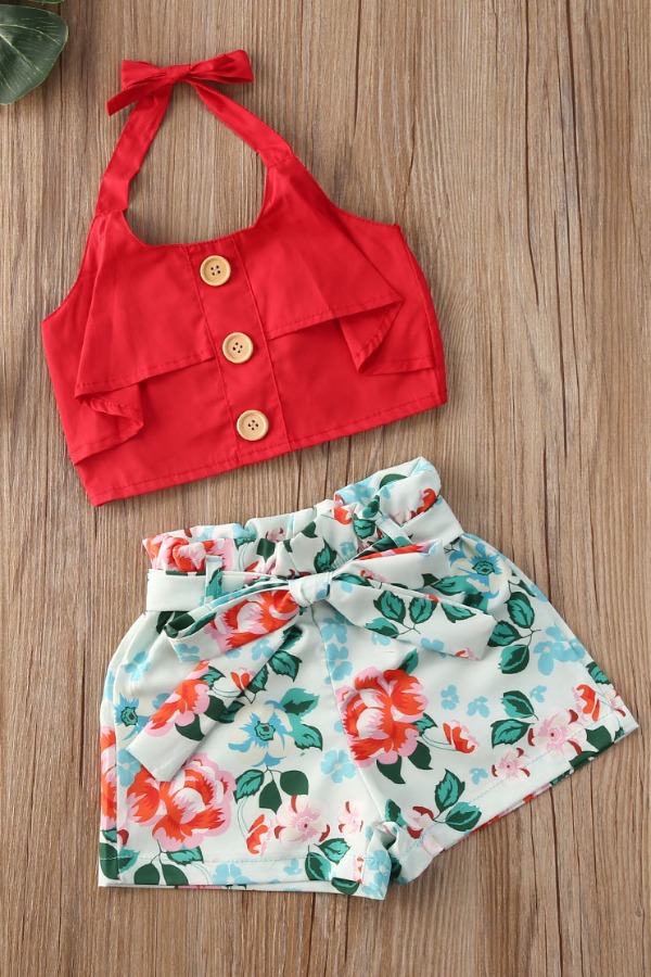 

lovely Stylish Plants Print Red Girl Two-piece Shorts Set