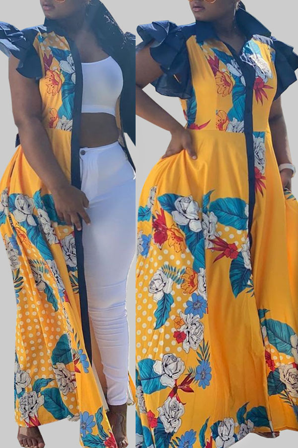 

lovely Bohemian Print Patchwork Yellow Maxi Plus Size Dress