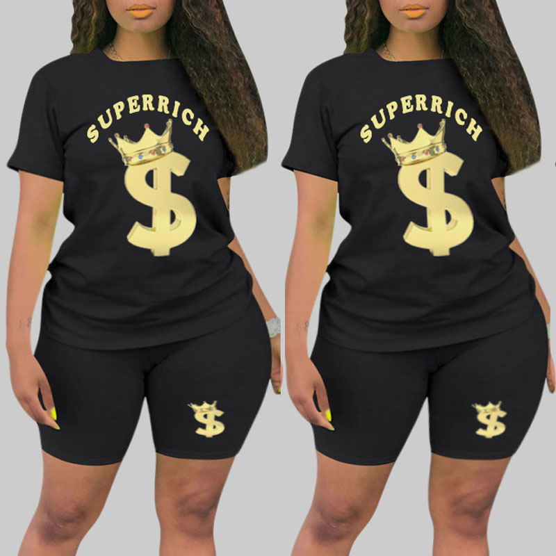 

lovely Leisure O Neck Print Black Plus Size Two-piece Shorts Set