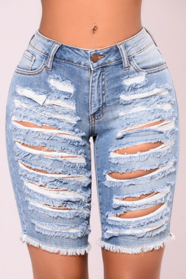 

lovely Trendy Hollow-out Blue Denim Shorts
