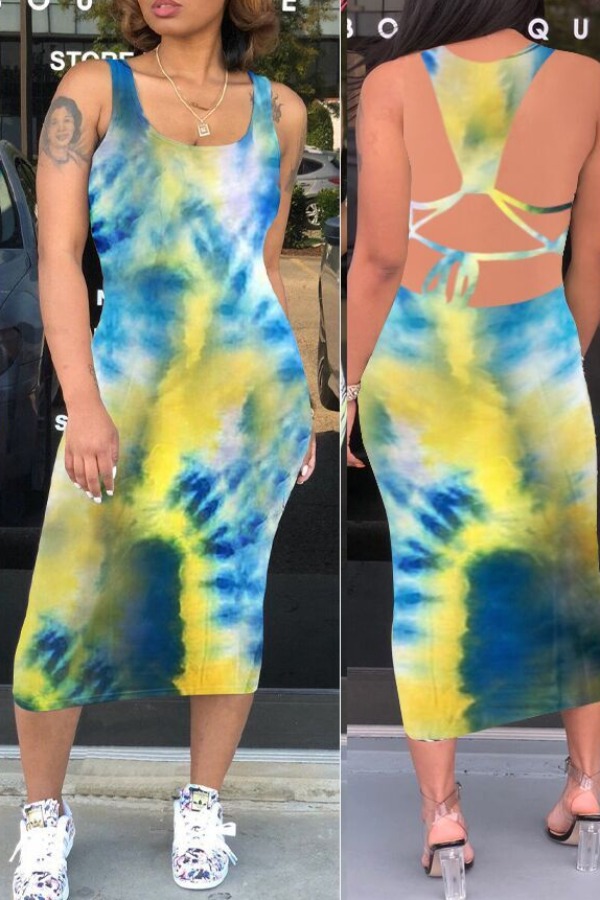 

Lovely Stylish Tie-dye Yellow Ankle Length Dress