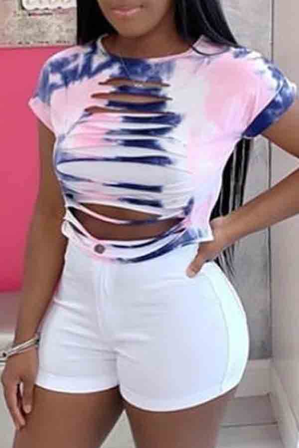 

Lovely Trendy O Neck Tie-dye Hollow-out Pink Two-piece Shorts Set