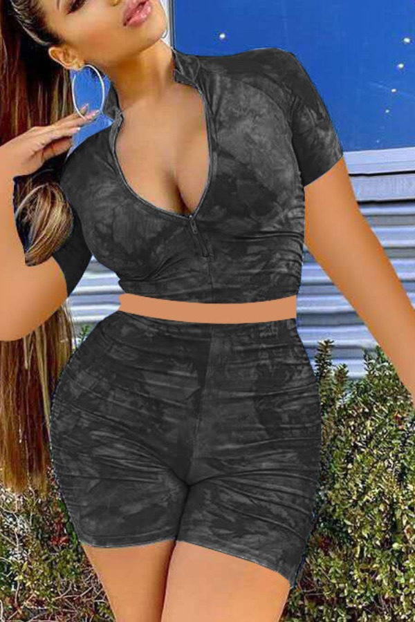 

lovely Trendy Print Zipper Design Black Two-piece Shorts Set