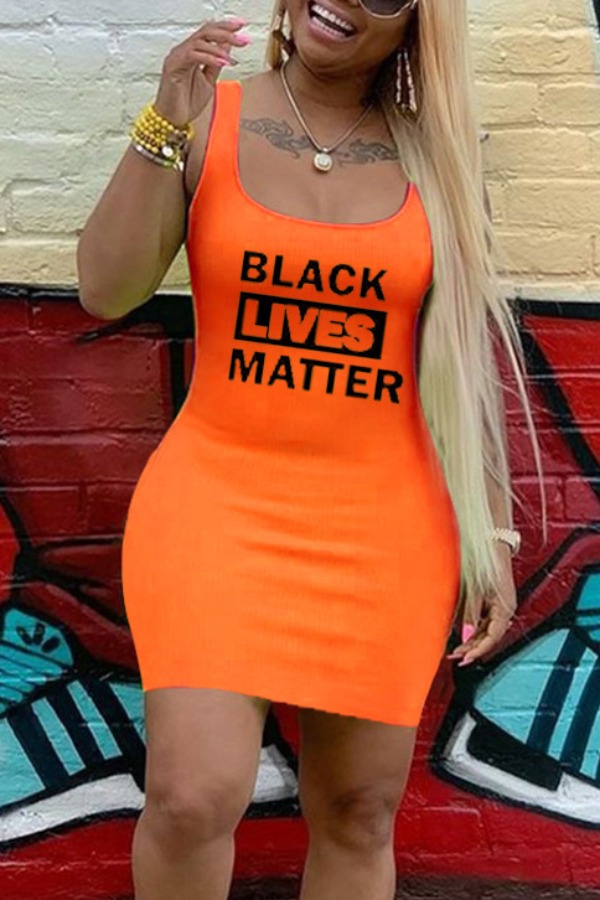 

lovely Sportswear U Neck Letter Print Orange Mini Dress