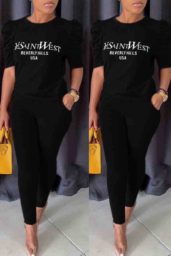 

lovely Casual O Neck Letter Print Black Two-piece Pants Set