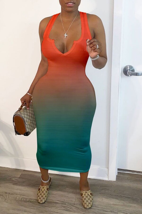 LovelyWholesale SXY Gradual Change Orange Mid Calf Dress Summer Sleeveless Vacation Basic V Neck Spring Summer 2024