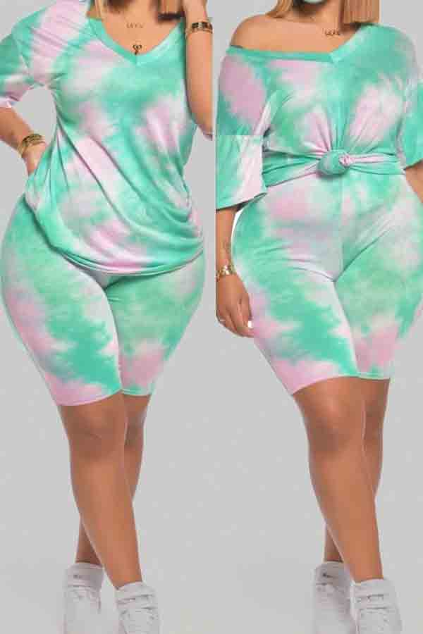 

Lovely Casual Tie-dye Light Green Plus Size Two-piece Shorts Set