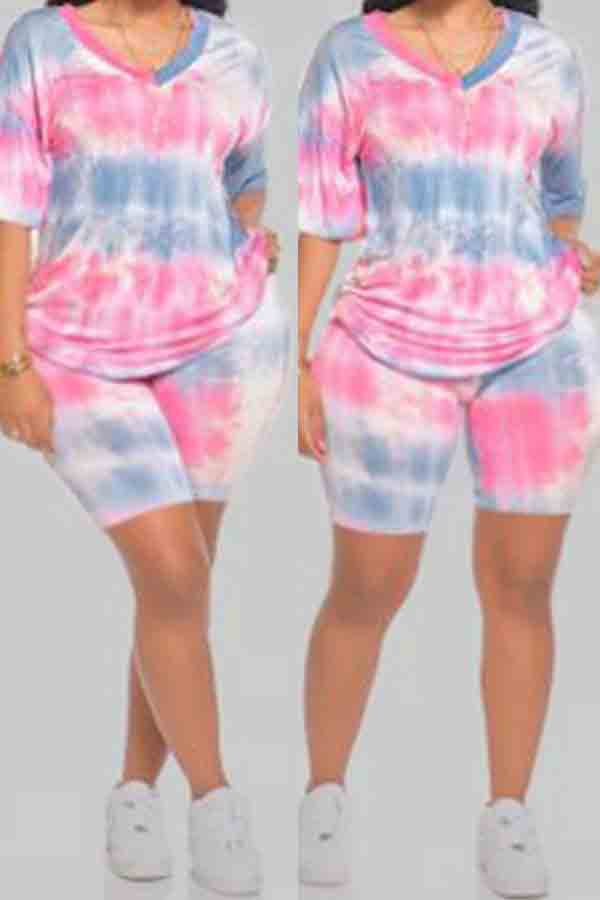 

Lovely Casual Tie-dye Pink Plus Size Two-piece Shorts Set