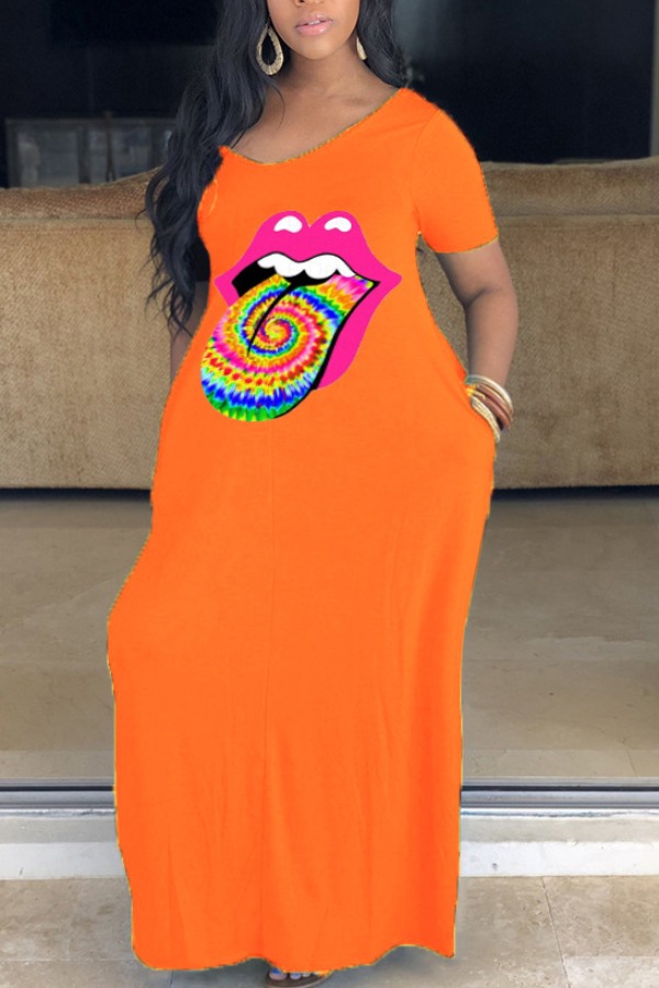 

Lovely Leisure V Neck Lip Print Jacinth Maxi Plus Size Dress