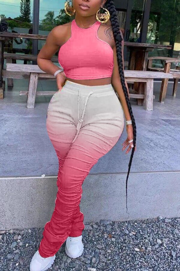 

Lovely Street Gradual Change Fold Design Pink Plus Size Two-piece Pants Set