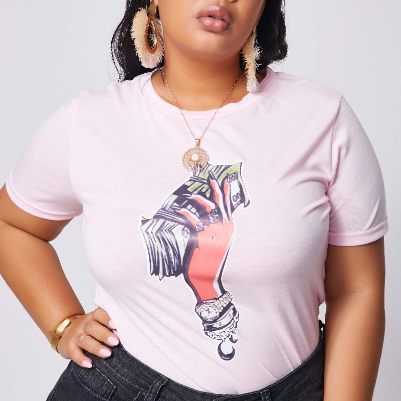 

lovely Leisure O Neck Print Light Pink Plus Size T-shirt