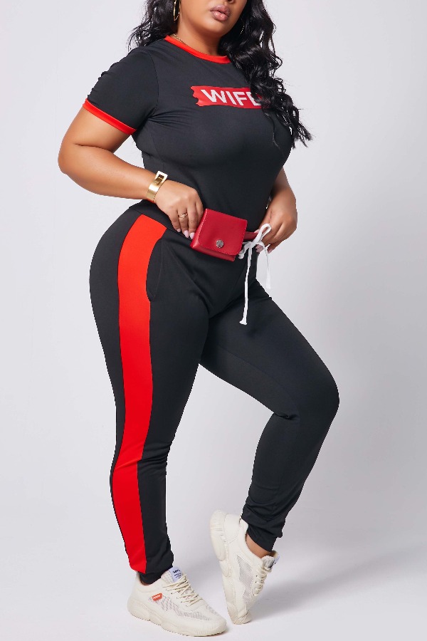 

lovely Casual Letter Print Patchwork Black Plus Size Two-piece Pants Set