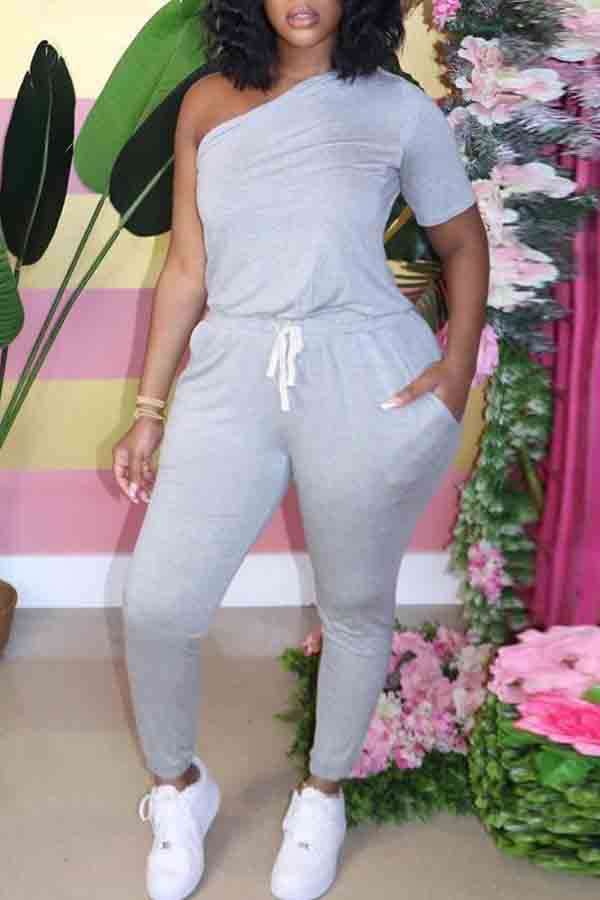 

lovely Casual One Shoulder Lace-up Grey Plus Size One-piece Jumpsuit