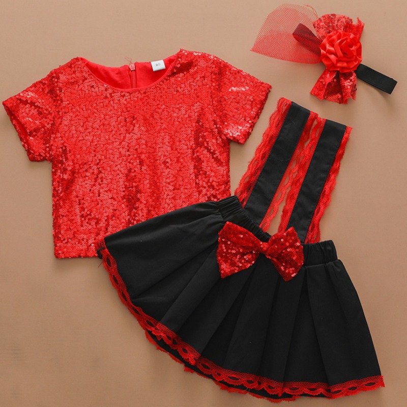 

lovely Sweet Bow-Tie Patchwork Red Girl Two-piece Skirt Set