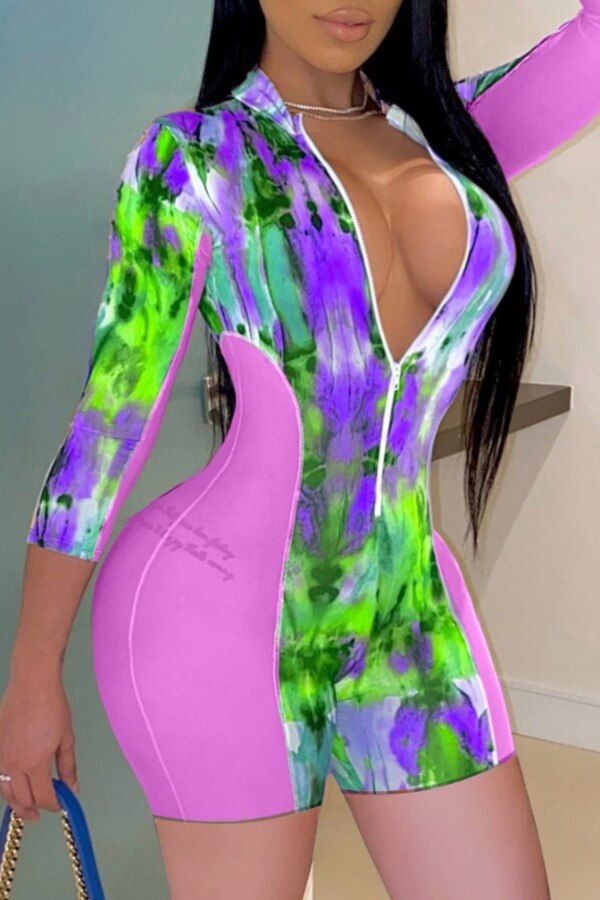 

Lovely Stylish Print Patchwork Pink One-piece Romper