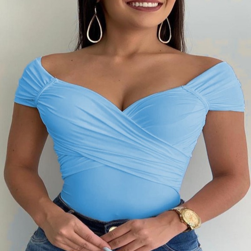 

lovely Stylish V Neck Fold Design Skyblue Blouse