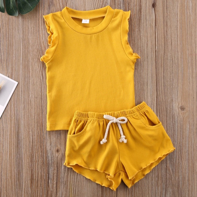 

lovely Casual O Neck Lace-up Yellow Girl Two-piece Shorts Set