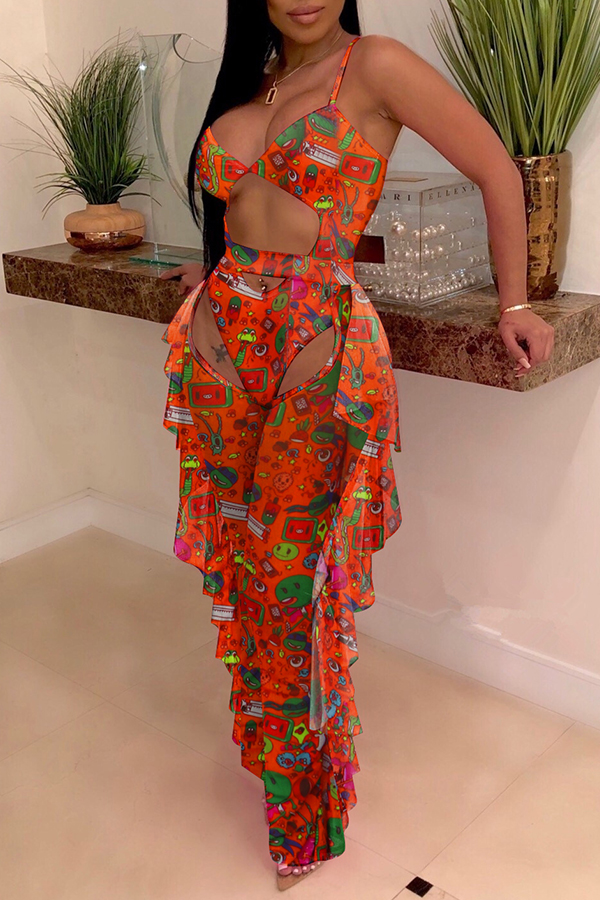 

Lovely Cartoon Print Orange One-piece Swimsuit(With Pants