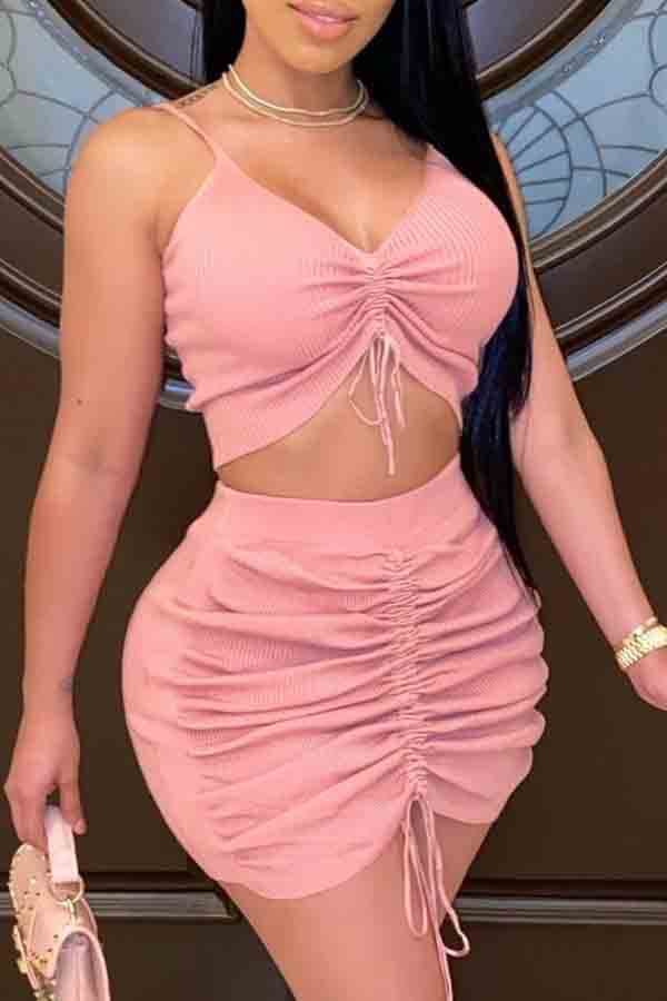

Lovely Sexy Fold Design Pink Two-piece Skirt Set