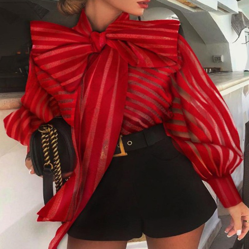 

lovely Sweet Bow-Tie Striped Red Blouse
