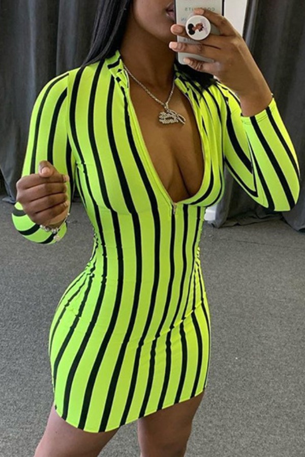 

lovely Casual Striped Green Mini Dress
