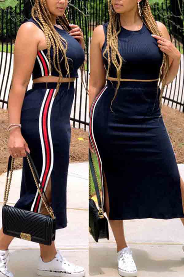 

lovely Casual Patchwork Navy Blue Two-piece Skirt Set
