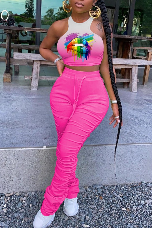 

lovely Street Lip Print Pink Two-piece Pants Set