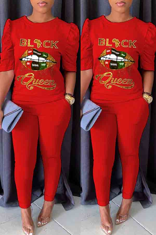 

lovely Casual Lip Print Red Two-piece Pants Set