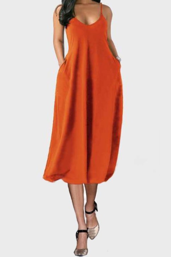 

lovely Casual V Neck Pocket Patched Jacinth Mid Calf Dress