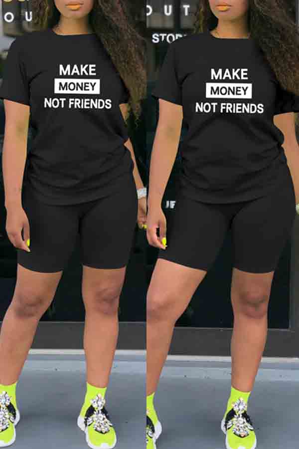 

lovely Casual Letter Print Black Two-piece Shorts Set