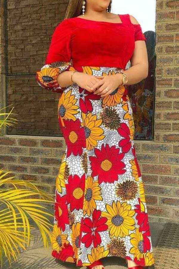 

Lovely Bohemian Print Patchwork Red Ankle Length Dress