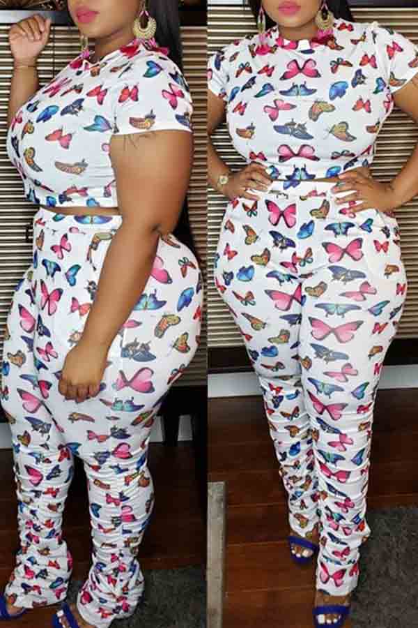 

lovely Casual Butterfly Print White Plus Size Two-piece Pants Set
