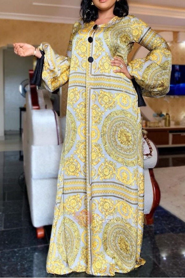 

lovely Leisure O Neck Print Yellow Maxi Dress