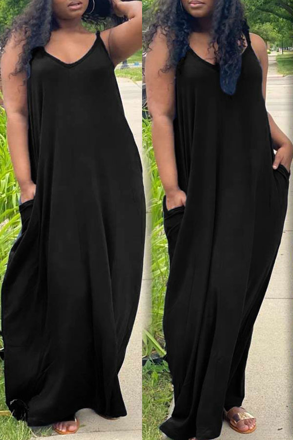 

Lovely Casual V Neck Loose Black Maxi Dress