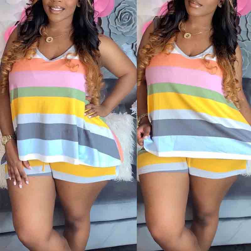 

lovely Casual V Neck Striped Yellow Plus Size Two-piece Shorts Set