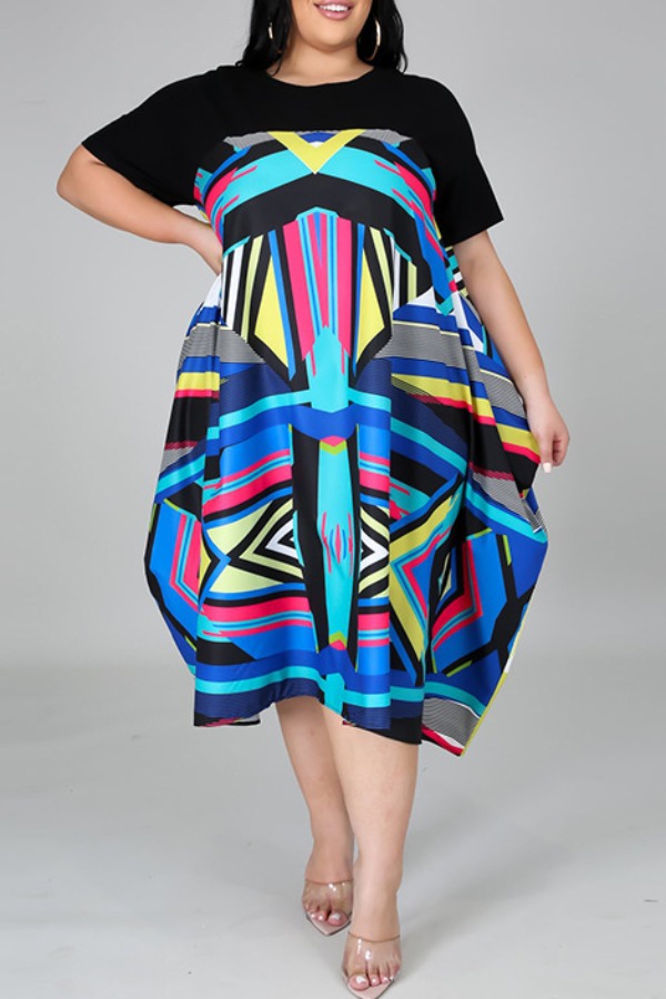 

lovely Casual Print Patchwork Black Mid Calf Plus Size Dress