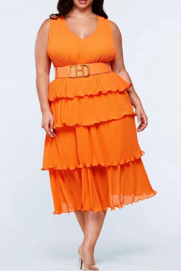 

lovely Casual Layered Cascading Ruffle Orange Mid Calf Plus Size Dress