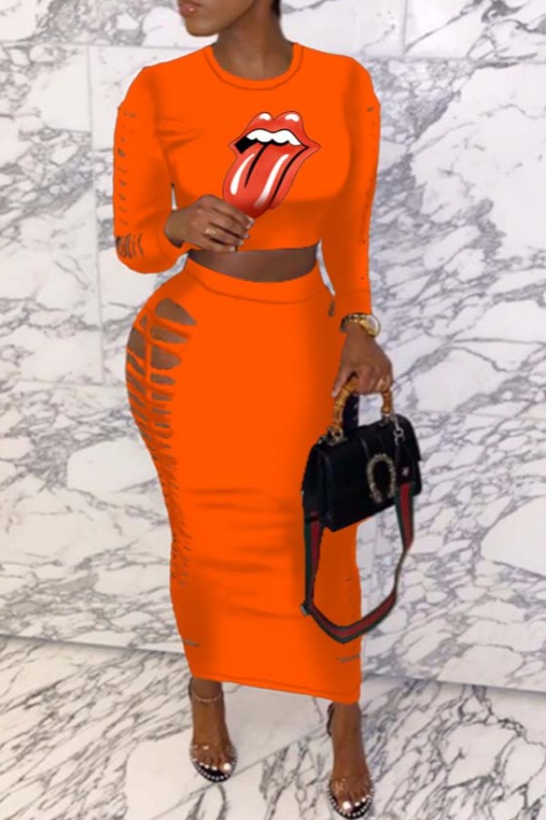 

lovely Leisure Print Hollow-out Orange Two-piece Skirt Set