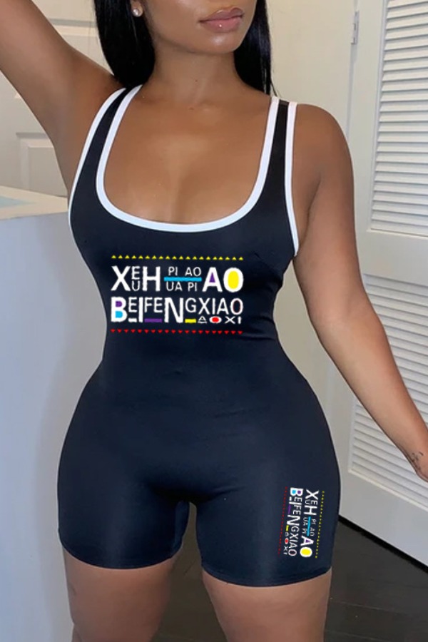

lovely Sportswear Letter Print Black One-piece Romper