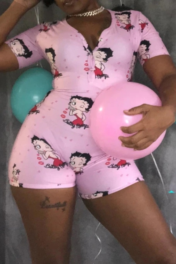 

lovely Stylish Cartoon Print Pink One-piece Romper