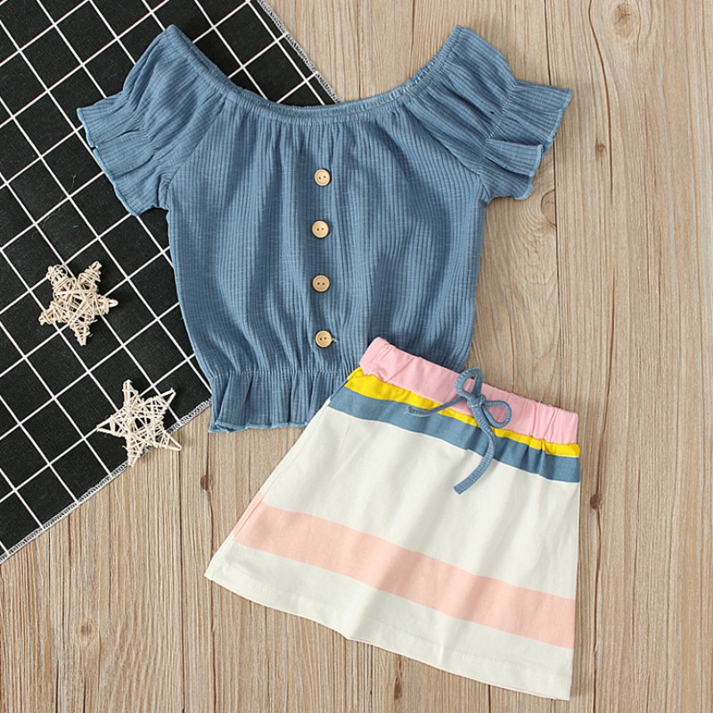 

lovely Casual Buttons Design Blue Girl Two-piece Skirt Set