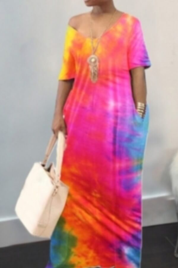 

Lovely Stylish V Neck Tie-dye Pink Maxi Plus Size Dress