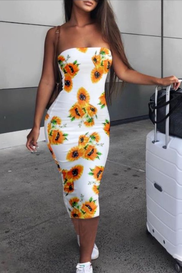 

LW COTTON Sunflower Casual Sunflower Print Yellow Ankle Length Dress