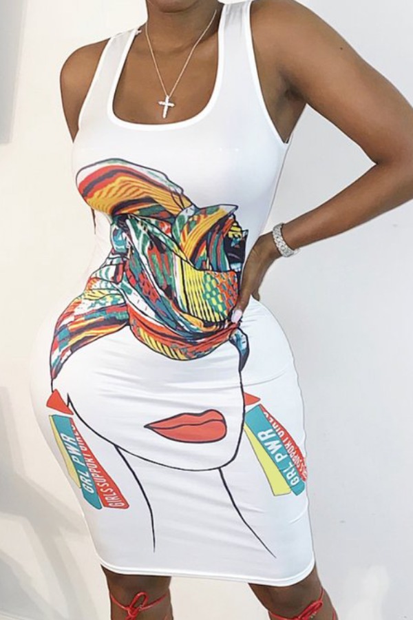 

Lovely Leisure U Neck Print White Knee Length Dress