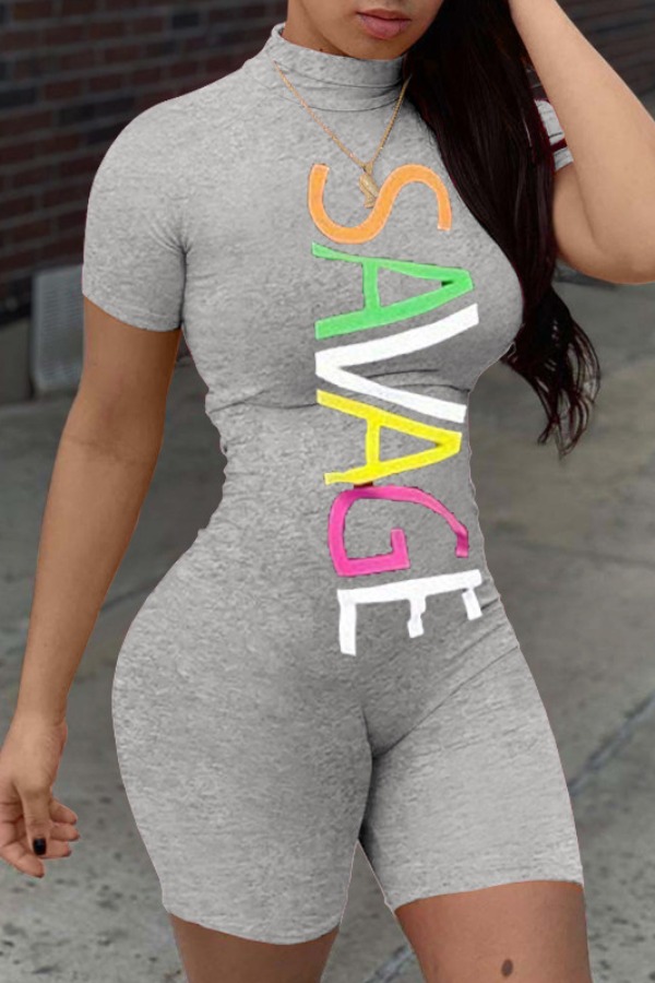 

LW Half A Turtleneck Letter Print Romper, Grey